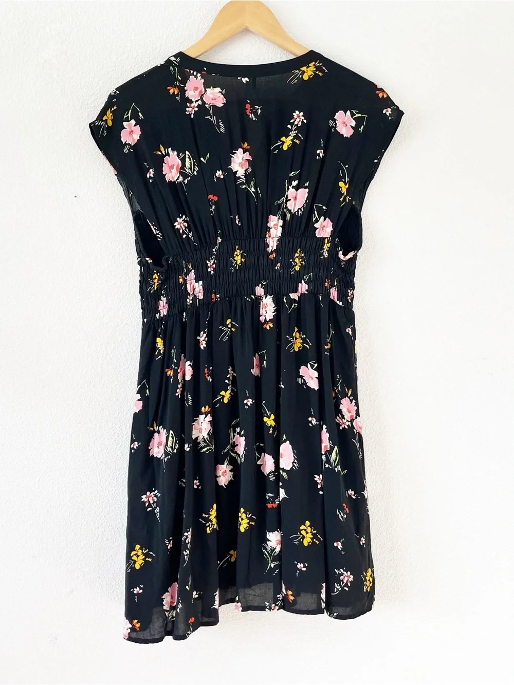 Free People Greatest Day Black Floral Smocked Boho Button Front Mini Dress